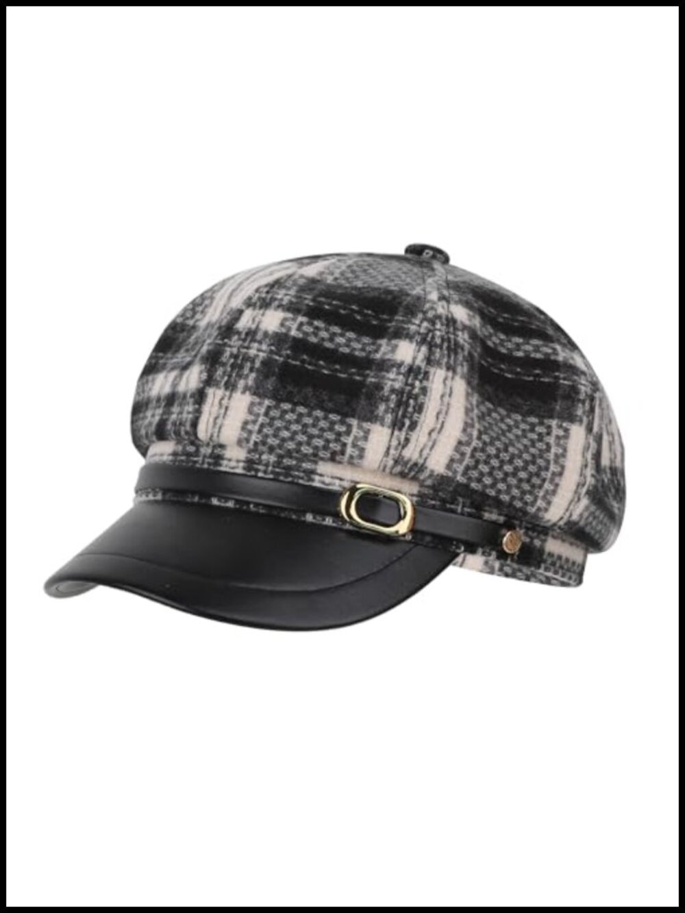 Plaid Newsboy Hat Wool Cotton Blend Faux Leather Visor Cabbie Gatsby Cap